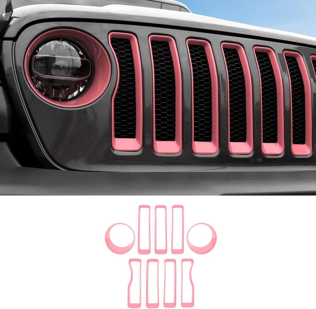 Grille Grill Inserts & Headlight Cover for 2018-2022 Jeep Wrangler JL Sport & Sport S ONLY (Pink)