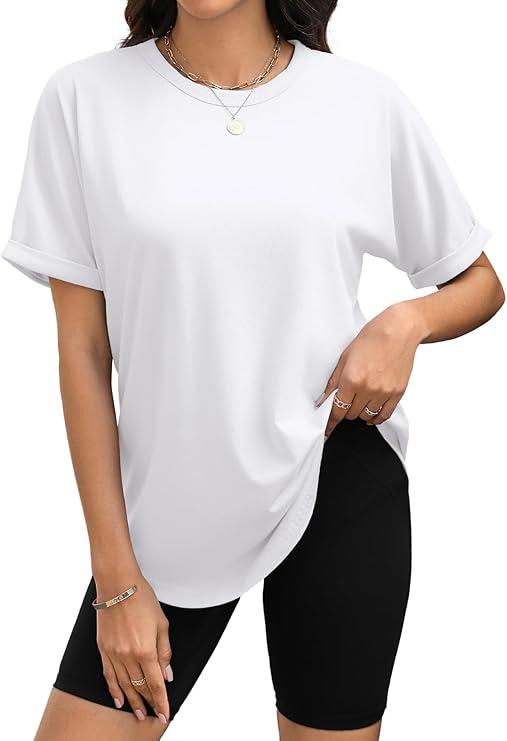 LANSHIRIAC Women's Oversized T Shirts Business Casual Shirt Crewneck Short Sleeve Tops Loose Fitting Fashion Workout Tops Trendy M
