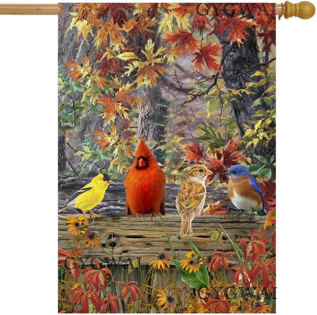Fall Cardinal Birds House Flag 28x40 Inch Double Sided, Autumn Large Burlap Yard Flag for Outside Seasonal Thanksgiving Decoration