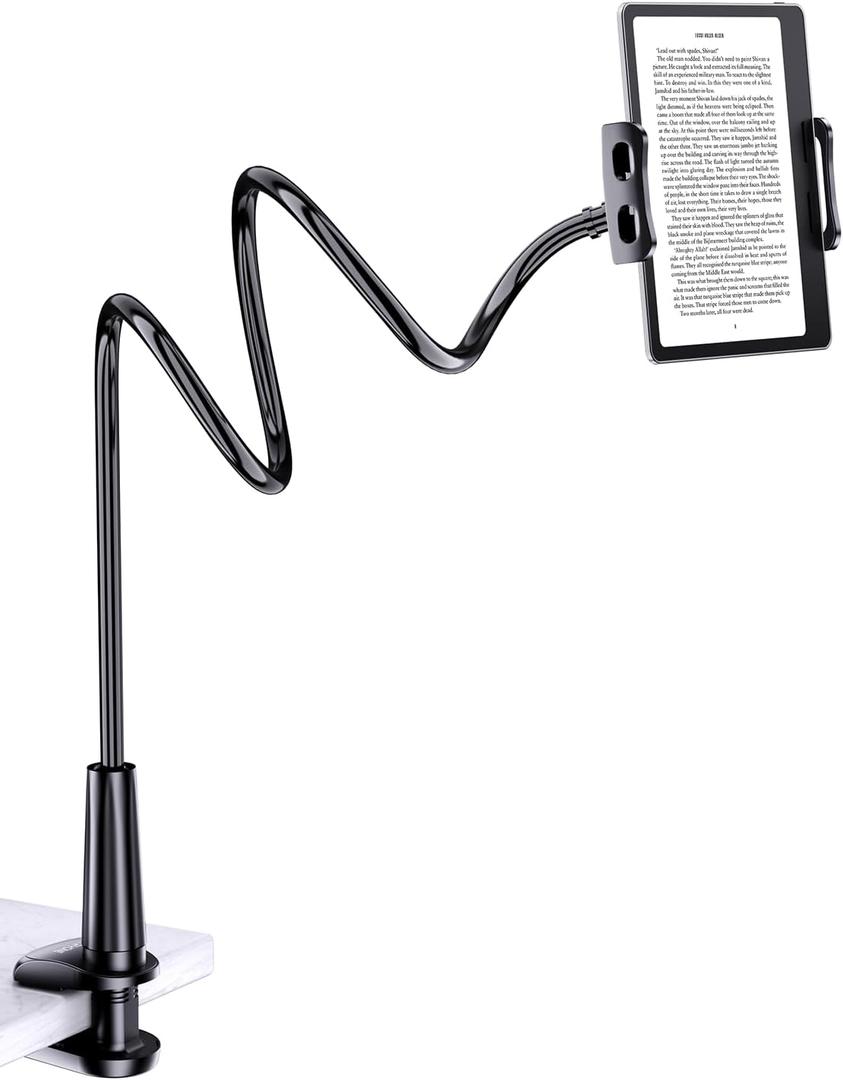 Tryone Gooseneck Kindle&Tablet Holder for Bed Hands-Free Reading on Bed Headboard for iPad, Kindle, and Switch, Flexible 30in Al-Mg Alloy Clamp Arm Stand for Tablets 4.7-10.5 in, Phone - Black - 30in