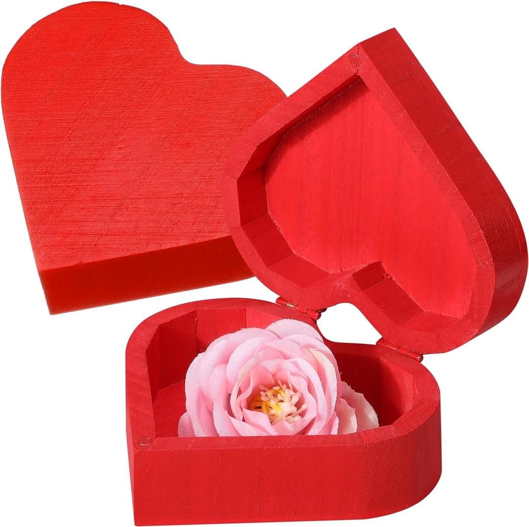 Marsui 1 Pcs Unfinished Valentines Heart Box with Hinged Lid Red Crafts DIY Wood Treasure Chest Stash for Women Holiday Art Gifts Jewelry Home Storage Gifts (3.94 x 9.74 x 1.58 IN)