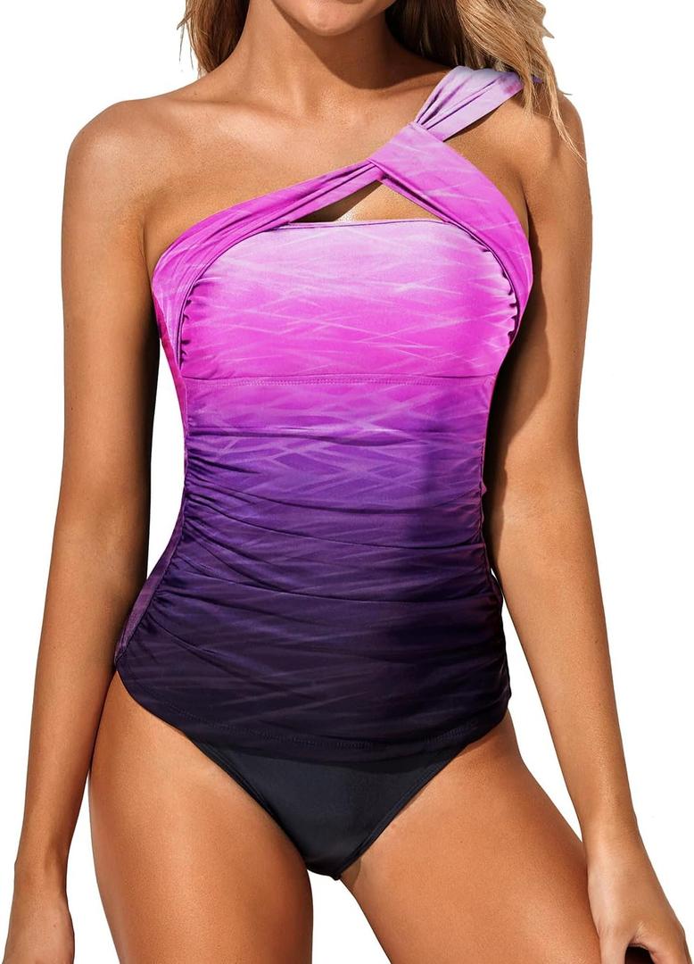 Tempt Me Two Piece Tankini Bathing Suits for Women One Shoulder Swim Top with Bottom Swimsuits (Large, Purple Gradient)