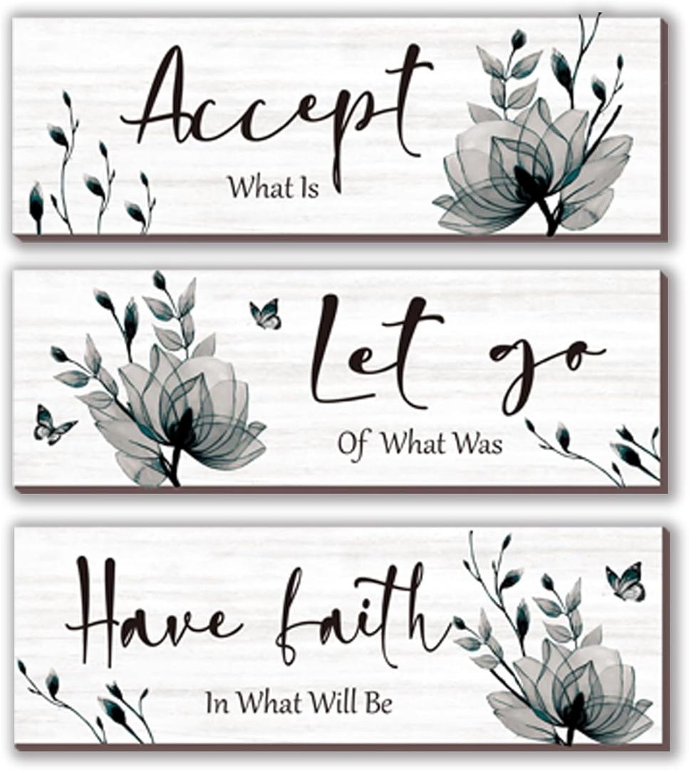 3 Pcs Black And White Bathroom Decor Rustic Flower Black Wall Art Accept Let Go Have Faith Farmhouse Bedroom Wall Decor Wooden Inspirational Quotes Grey Decoration for Living Room(Black,12 x 4 Inches)
