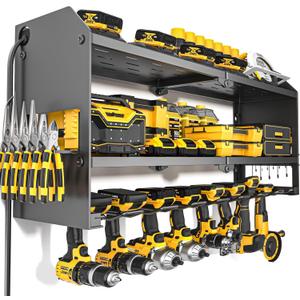YYR Power Tool Organizer with Charging Station Wall Mount, Cordless Drill and Battery Holder for Garage Organization, Electric Tools Storage Rack Build in Surge Protection Power Strip - Black Shelf