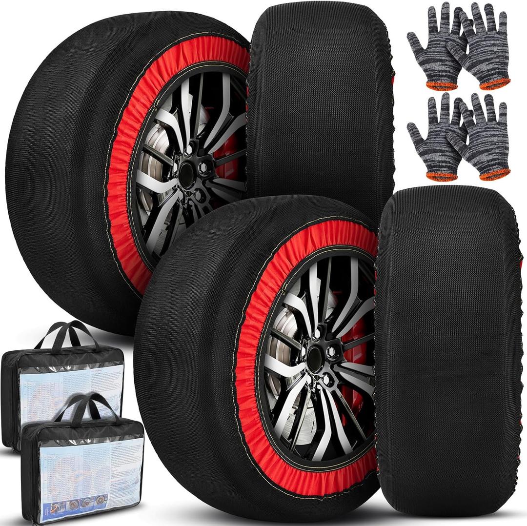 4 Pack Automotive Snow Socks for Tires Snow Socks Fabric Car Chains Easy to Install with 2 Pairs of Gloves Winter Car Accessories for Passenger Cars SUV Trucks Pickup Winter Emergency(M)