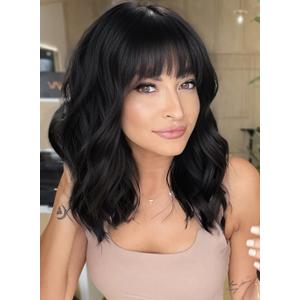 AISI HAIR Bob Curly Wig Synthetic Short Black Wig with Bangs Natural Looking Heat Resistant Fiber Hair for Women