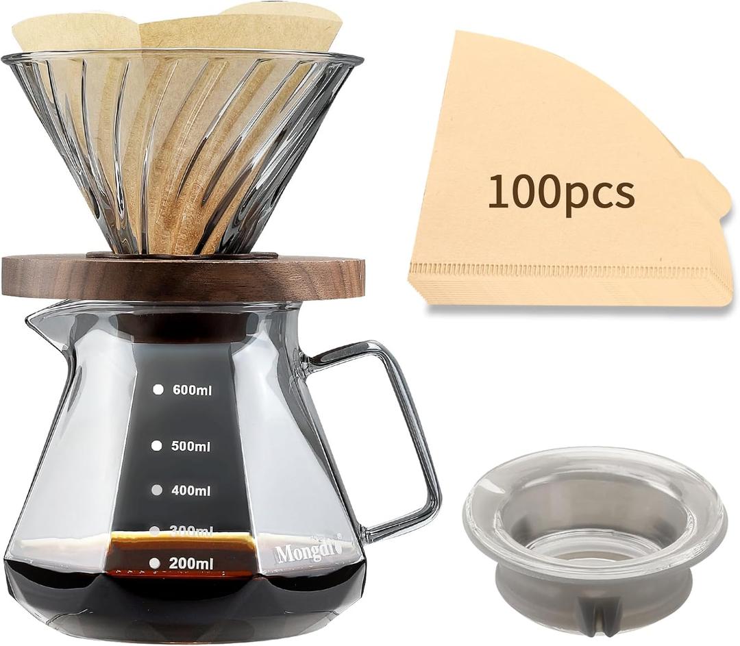 Mongdio Pour Over Coffee Maker, 20 oz High-Heat Borosilicate Glass Coffee Maker with 100pcs V60 Paper Filters, Walnut Handle & Glass Lid, Drip Coffee Maker Set for Home Caf Restaurant - 600ml, Gray Mongdio Pour Over Coffee Maker, 20 oz High-Heat Borosilicate Glass Coffee Maker with 100pcs V60 Paper Filters, Walnut Handle & Glass Lid, Drip Coffee Maker Set for Home Caf Restaurant - 600ml, Gray