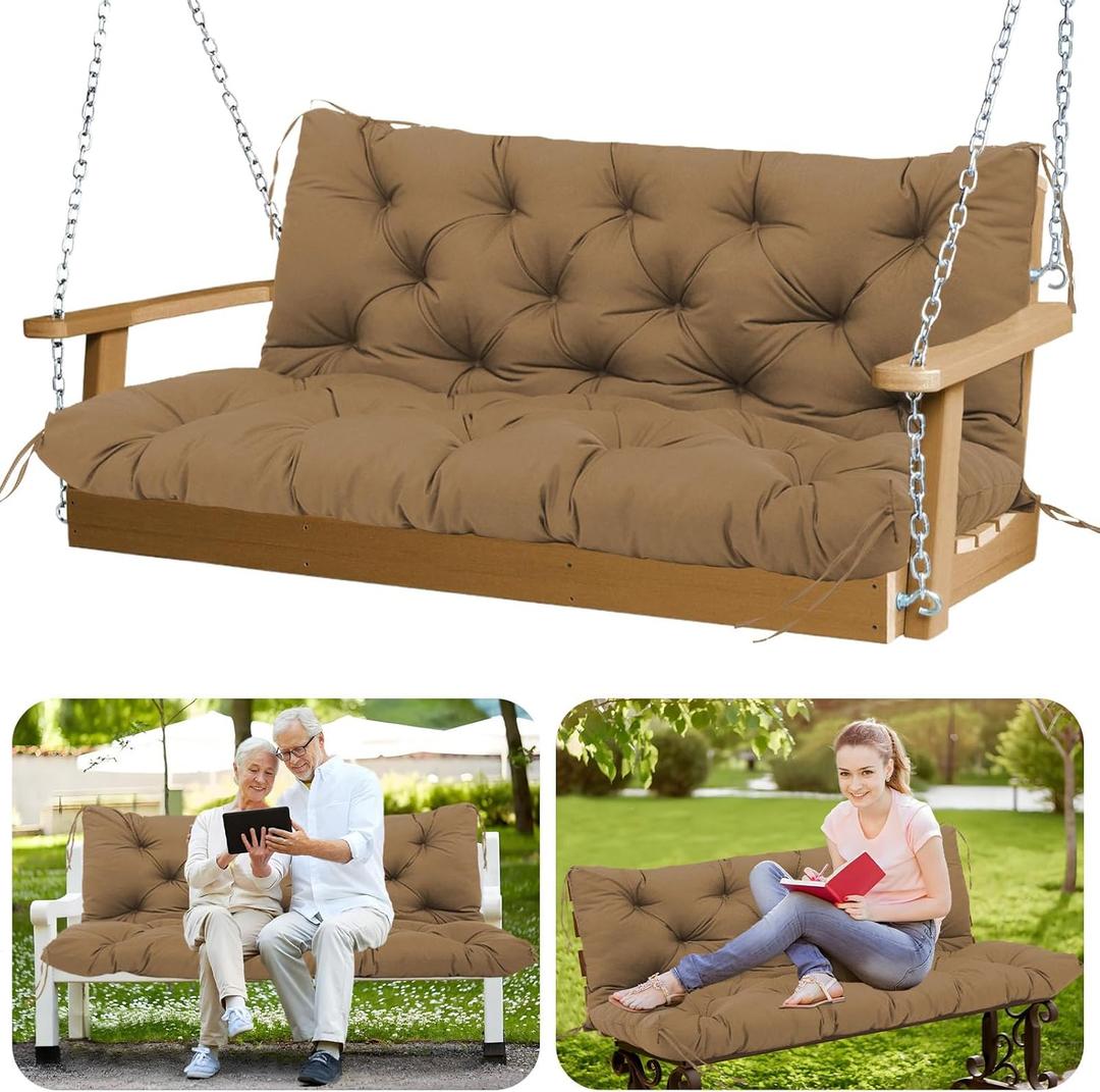 Porch Swing Cushions Outdoor 60 inch Waterproof Extra Thick 5" Outdoor Swing Cushions Replacement with Backrest and Ties for Outdoor Furniture Porch Patio Garden Lawn Backyard (Brown)