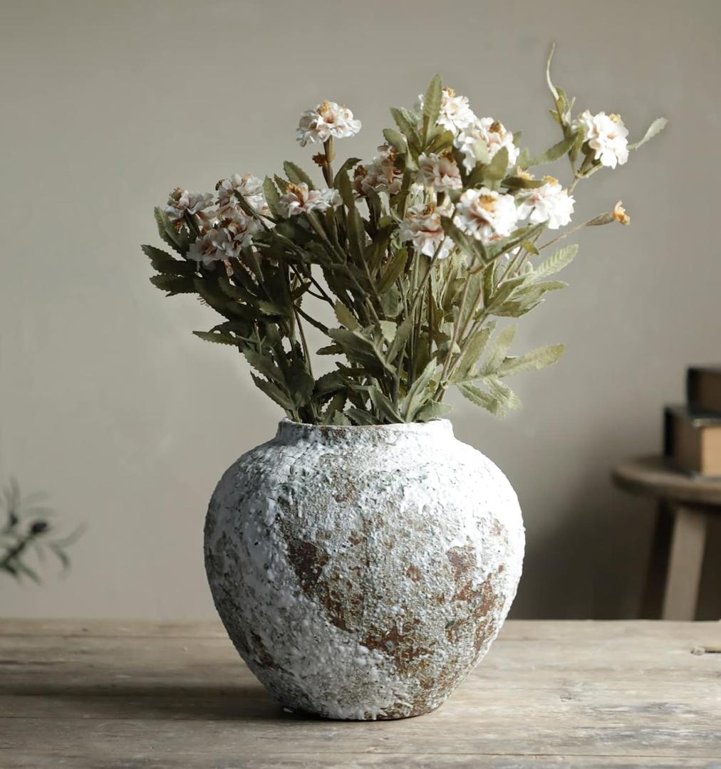Rustic Ceramic Circular Flower Vase, Vintage Floor Tall Vases Farmhouse Decor for Living Room Entryway Table Centerpieces, Kitchen, Wedding Gift (Short, White)