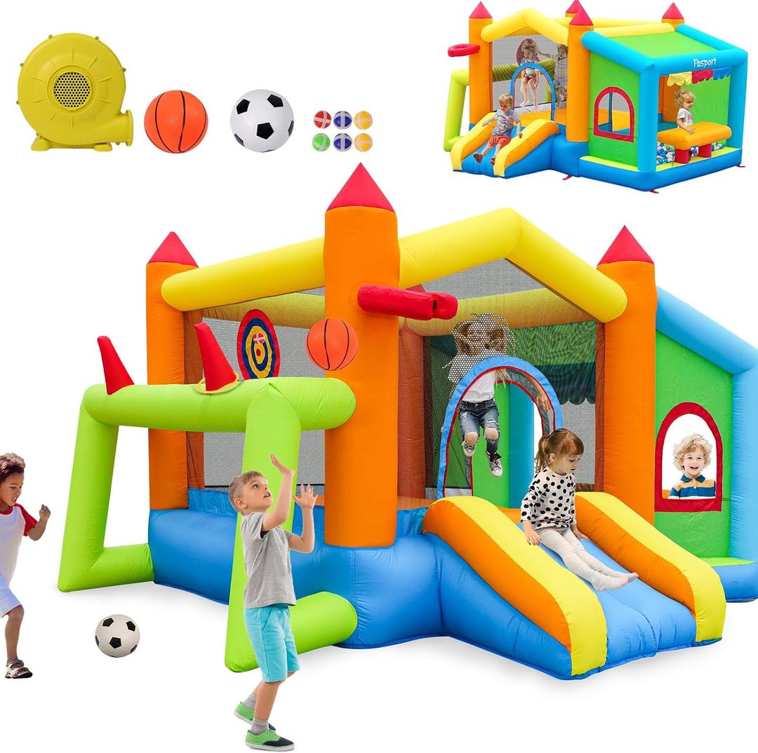 FBSPORT Inflatable Bounce House, Bounce House with Side Toy Market Stand Football Shooting, Inflatable Bouncer Bouncy Castle for Kids with 480W Blower Big Ball Pit for Outdoor Indoor, 9.58 ft L x 8 ft W x 5.7 ft H