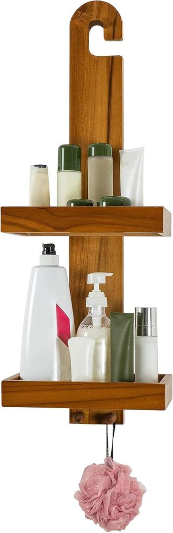  Teak Hanging Shower Caddy with Hooks, Shower Organizer Over Head 2-Tier Wood Shelf for Bathroom Shampoo, Towels, No Drilling,  6.5"D x 11"W x 31.2"H