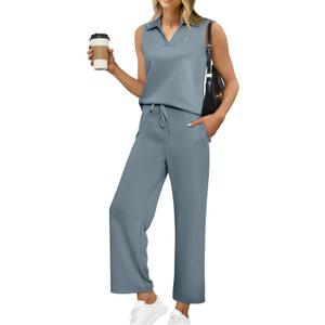 Glamaker Women's 2 Piece Outfits Summer Sleeveless Tops Wide Leg Pants Lounge Set Sweatsuits Tracksuits with Pockets (Large, Grey Blue) Glamaker Women's 2 Piece Outfits Summer Sleeveless Tops Wide Leg Pants Lounge Set Sweatsuits Tracksuits with Pockets (Large, Grey Blue)