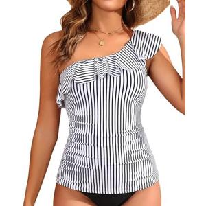 Yonique Womens One Shoulder Tankini Swim Tops Ruffle Bathing Suit Tops No Bottoms L