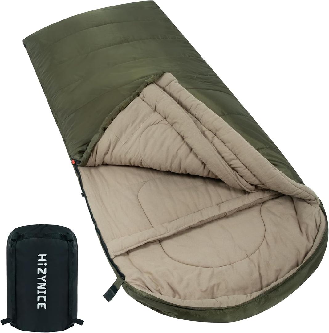 0 Degree Sleeping Bag 100% Cotton Flannel XXL for Adults Big and Tall Cold Weather Winter Zero Degree Camping, Free Compression Sack (90" x 39" Right Zip)