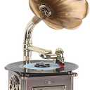 Asommet Gramophone Record Player Retro Turntable All in One Vintage Phonograph Nostalgic for LP with Copper Horn, Built-in Speaker 3.5mm Aux-in/ USB/ FM Radio Size:13.5in