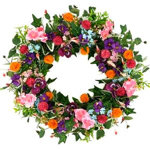 WreathDream Spring Summer Wreaths for Front Door Pansy Wreath with Pink Cherry Blossoms,Small Ball Bhrysanthemum for Indoor Outdoor Farmhouse Home Porch Wall Window Festival Wedding Decor