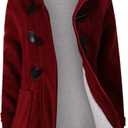 JiangWu Womens Fashion Horn Button Fleece Thicken Coat with Hood Winter Warm Jacket (Large, Wine-red)