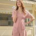 AlvaQ Rompers for Women Solid Color Casual Short Sleeve V Neck Zipper Short Jumpsuits with Pockets (XXL)