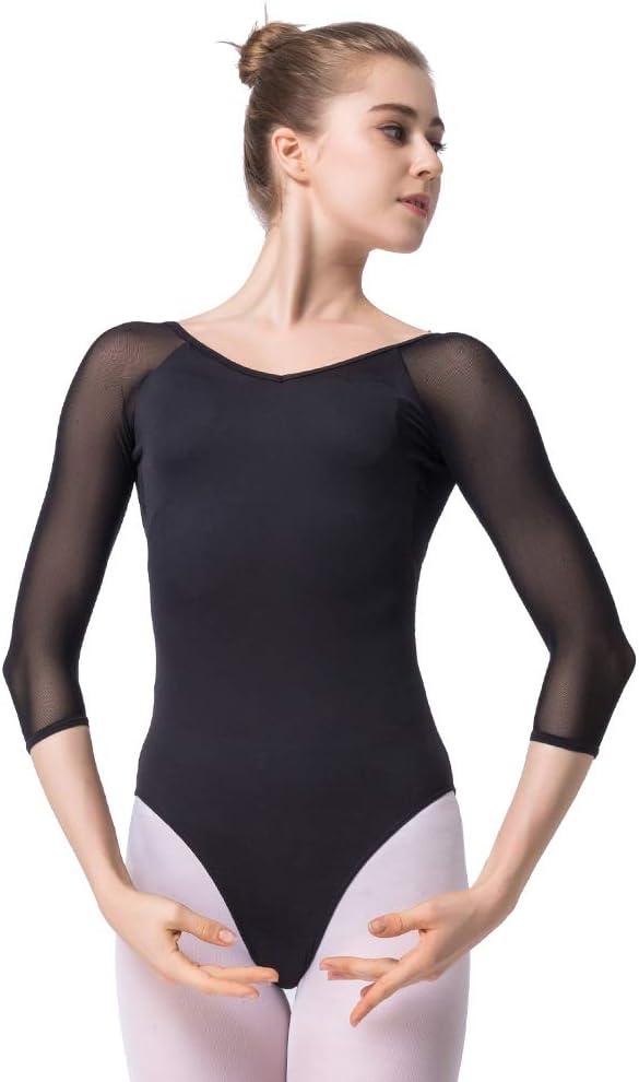 KUKOME Ballet Dance Leotards for Women, Teen, Girls Dance Bodysuit 3/4 Sleeve Leotards (Large (High:155-160cm), Black)