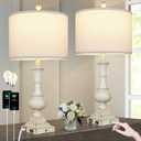 26" Farmhouse Table Lamps Set of 2, Rustic Touch Control Bedside Lamps with 2 USB Ports & AC Outlet, Vintage White Resin 3-Way Dimmable Nightstand Lamp Linen Fabric Shade for Living Room Bedroom Decor