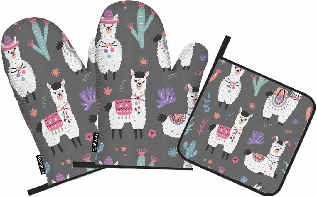Alpaca Oven Mitts and Pot Holders Sets Lovely Animal Ethnic Style Heat Resistant 3pcs for Cooking Baking BBQ