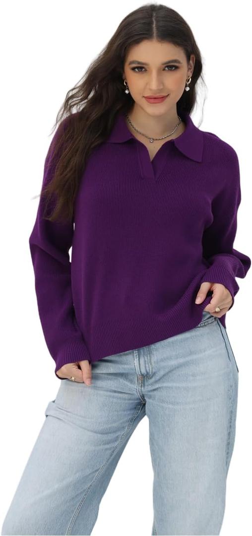 Women's Polo Sweater V Neck Long Sleeve, Pullover Knit Sweaters for Women Lapel Collar (Purple, M)
