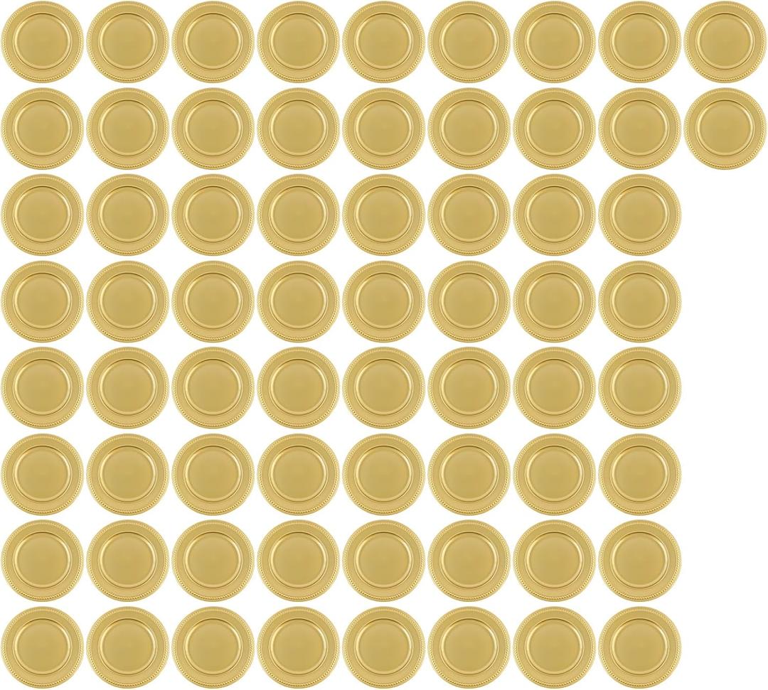 Gold Charger Plates 66-Pack 13" Heavy-Duty Reusable/Disposable Plastic Dinner Chargers, Textured Beaded Rim for Wedding Reception, Birthday, Banquet, Fine Dining Event, Oversized