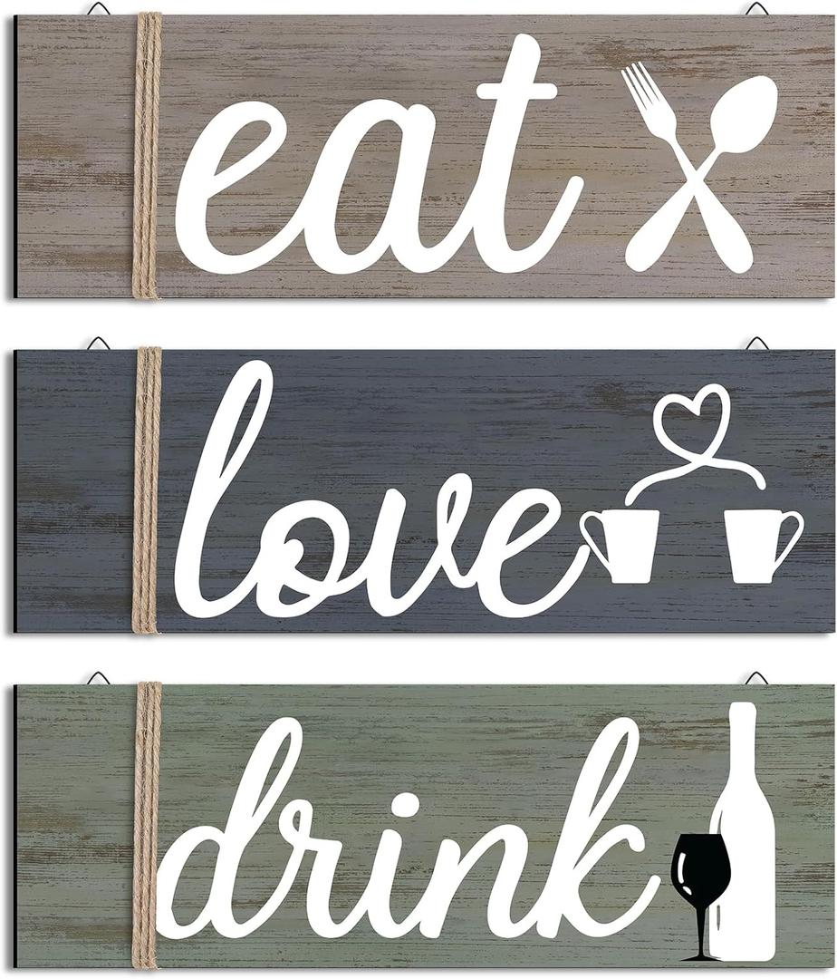 Jetec 3 Pcs Farmhouse Kitchen Wall Decor Rustic Wooden Home Eat Drink Love Sign with Hanging Hole for Home Dining Living Room Bar Cafe Decor(Soft Color)
