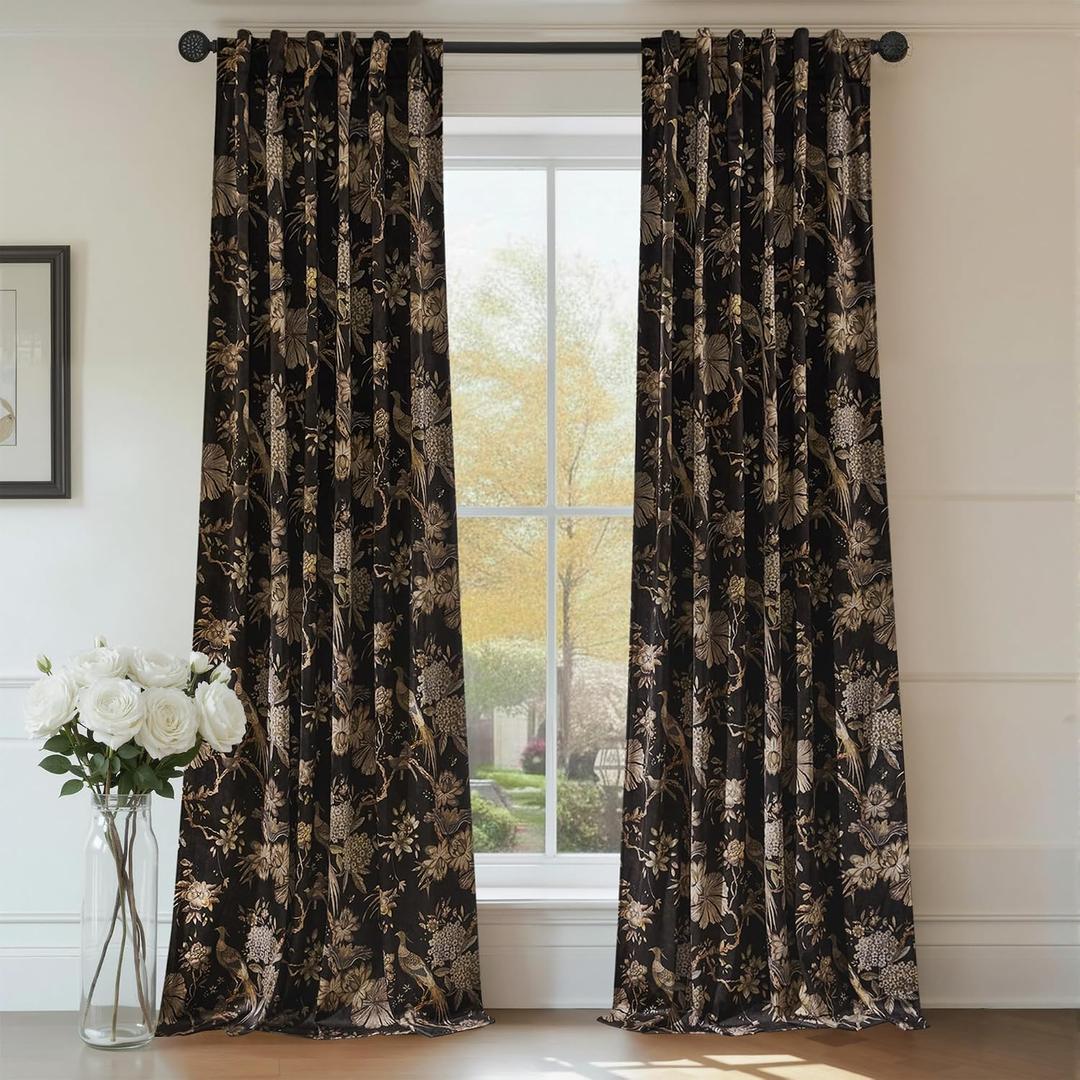 RYB HOME Brown Velvet Curtains 96 inches Long, Printed Floral Bird Vintage Design Home Decoration Thermal Insulated Room Darkening Drapes for Bedroom Living Room, W50 x L96 inches, 2 Panels