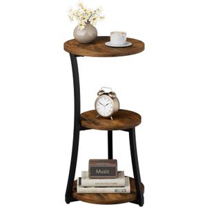 Small Side Table, 3-Tier Round End Table for Small Spaces, Vintage Accent Table for Living Room Sofa Couch Bedroom, 11.8" Corner Nightstand Wood Metal Coffee Table with Storage Shelf, Rustic Brown
