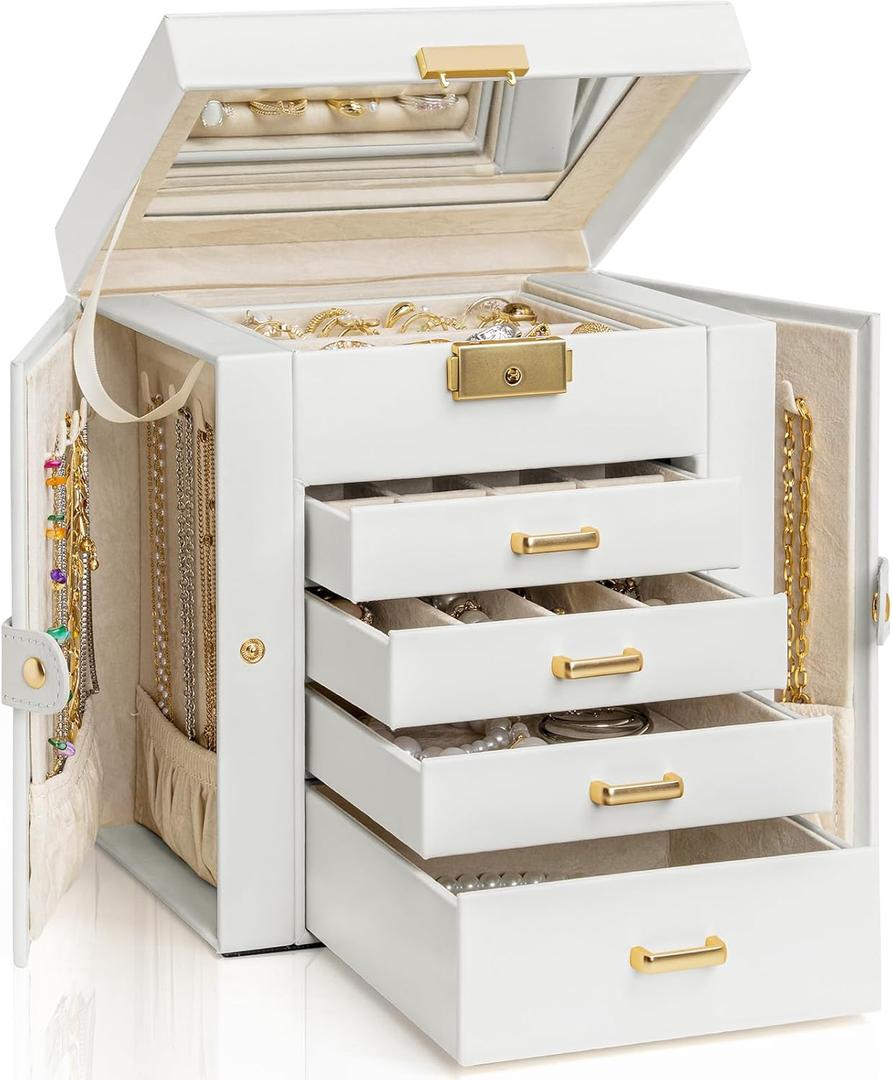 AKOZLIN 5-Tier Jewelry Box Leather Jewelry Storage Organizer with 4 Drawers Lockable for Women Girls Ring Necklace Earring Bracelet Watches Holder with Mirror White (Regular-5 Layer)