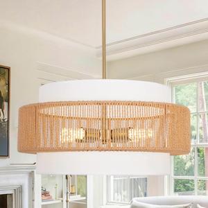 19.7" Boho Rattan Chandelier, 4-Light Handwoven Farmhouse Pendant Light with Fabric Shade, Height Adjustable Chandeliers for Dining Room Living Room Kitchen Island Bedroom Foyer