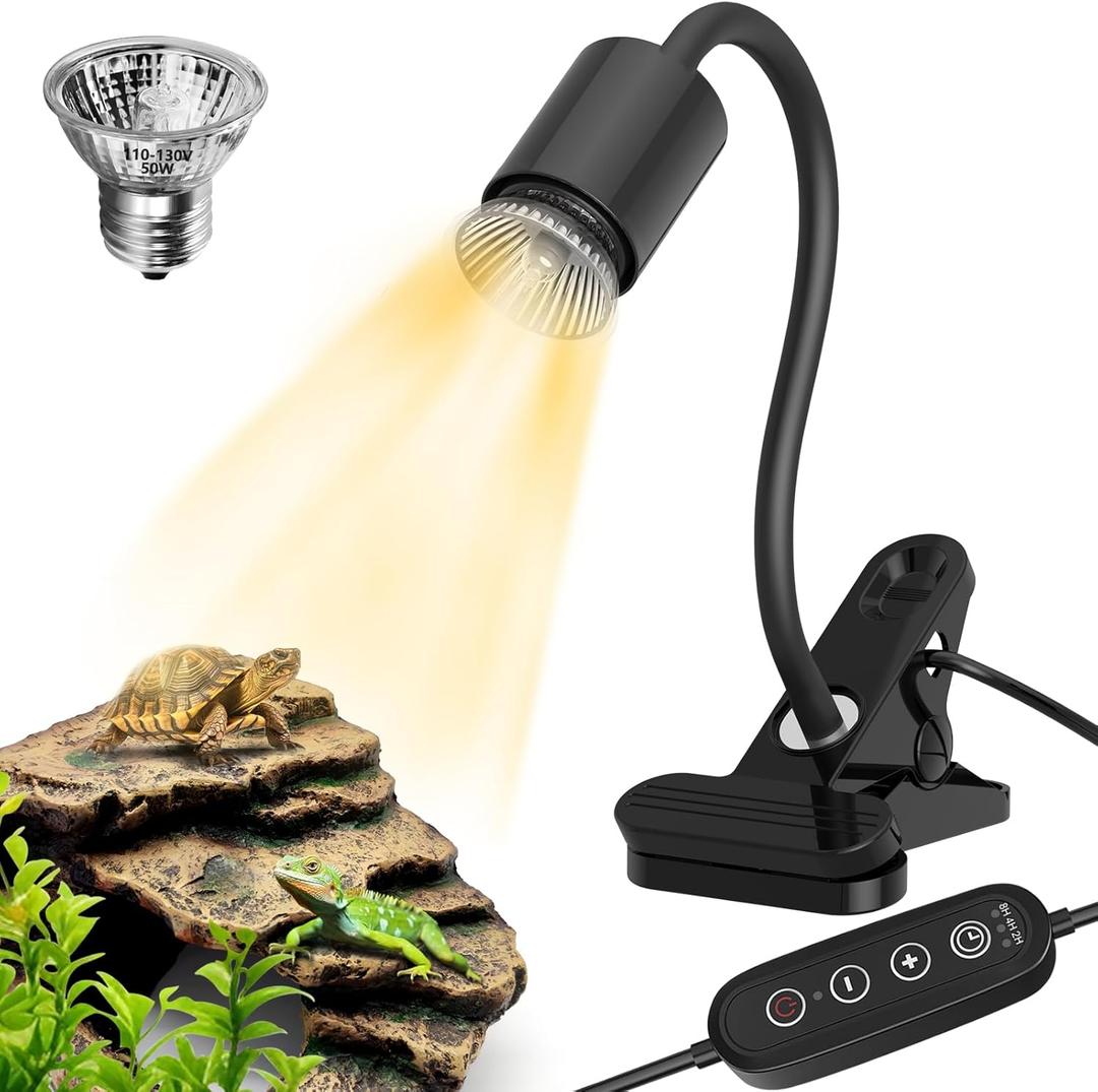GOZILLA Reptile Heat Lamp,Turtle Light with Timing & Dimming Cycle Timer,Basking Turtle Lamp with 50W UVA/UVB Reptile Light Bulb,Goose-Neck Rotation for Amphibian and Reptiles Tanks,Terrariums.(Black)
