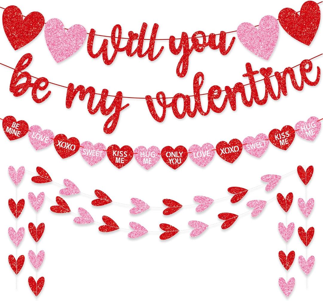 Valentines Day Decorations, No DIY Glitter Red Pink Will You Be My Valentine Banner Hollowed Conversation Heart Banner Heart Garlands String for Valentines Home Mantle Wall Office Decor Supplies