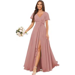 V Neck Bridesmaid Dresses Long Chiffon Short Sleeve Formal Dress with Slit (4, Dusty Rose)