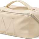 EACHY Travel Makeup Bag, Large Capacity Cosmetic Bag for Women, Waterproof PU Leather, Flat Open Portable Toiletry Bag for Skincare, Brushes & Travel Essentials (Medium, AO-Beige-M)