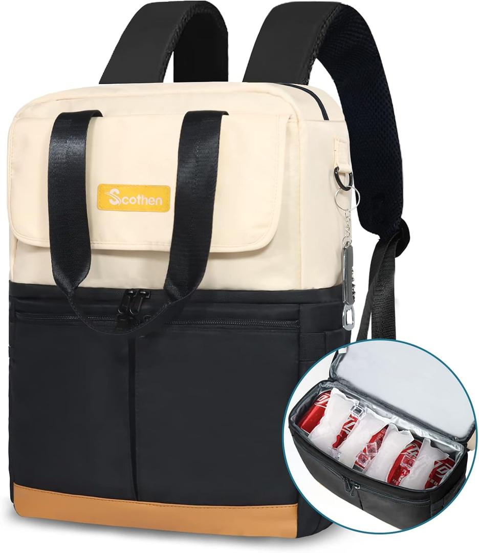 Backpack Cooler with Double Decker & 12 Ice Packs- Keeps 36 Cans Cold for Up to 24 Hours- Waterproof & Leak Proof Insulated Cooler Backpack- Stylish Cooler Bookbag for Women Travel Work Beach (Black)