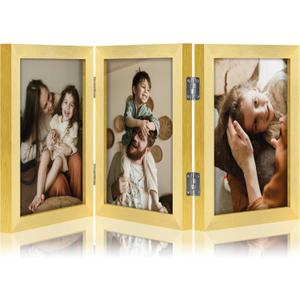 decorUhome Triple 5x7 Picture Frame Vertical, Engineered Wood Trifold Photo Frame with Plexiglass for Tabletop Display, 5x7, Gold