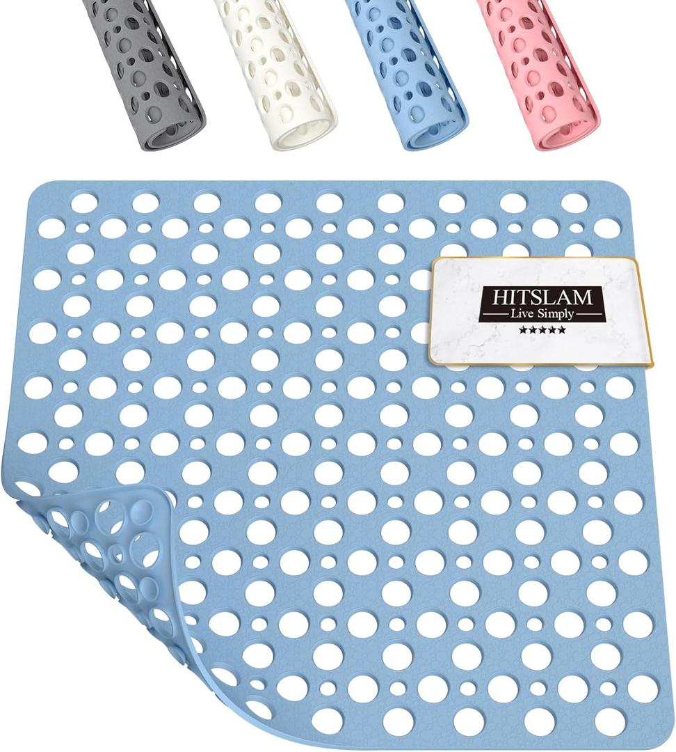 HITSLAM Shower Mat Anti Slip, 21x21 Inch No Odor Soft TPE Bathroom Shower Stall Floor Mat, Square Bath Mat for Tub Non Slip with Suction Cups and Drain Holes, Machine Washable, Soft on Feet, Blue