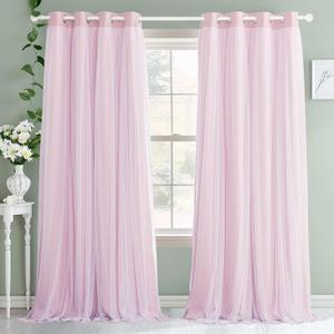 PONY DANCE Pink Blackout Curtains with White Sheer Overlay 84 Inches Length for Girls Bedroom, Double-Layered Room Darkening Window Drapes for Nursery Light Blocking(52 Inch Wide, 2 PCs)
