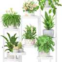 iDavosic.ly 8 Tier Folding Plant Stand Indoor Outdoor with Plastic Tray, Tiered Corner Flower Holder Shelf, Metal Orchid Display Rack for Patio Porch Living Room Garden Balcony, White