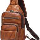 LANNSYNE Full Grain Leather Casual Sling Bag For Men Hiking/Travel/Business Crossbody Chest Bag Fits 12.9" iPad
