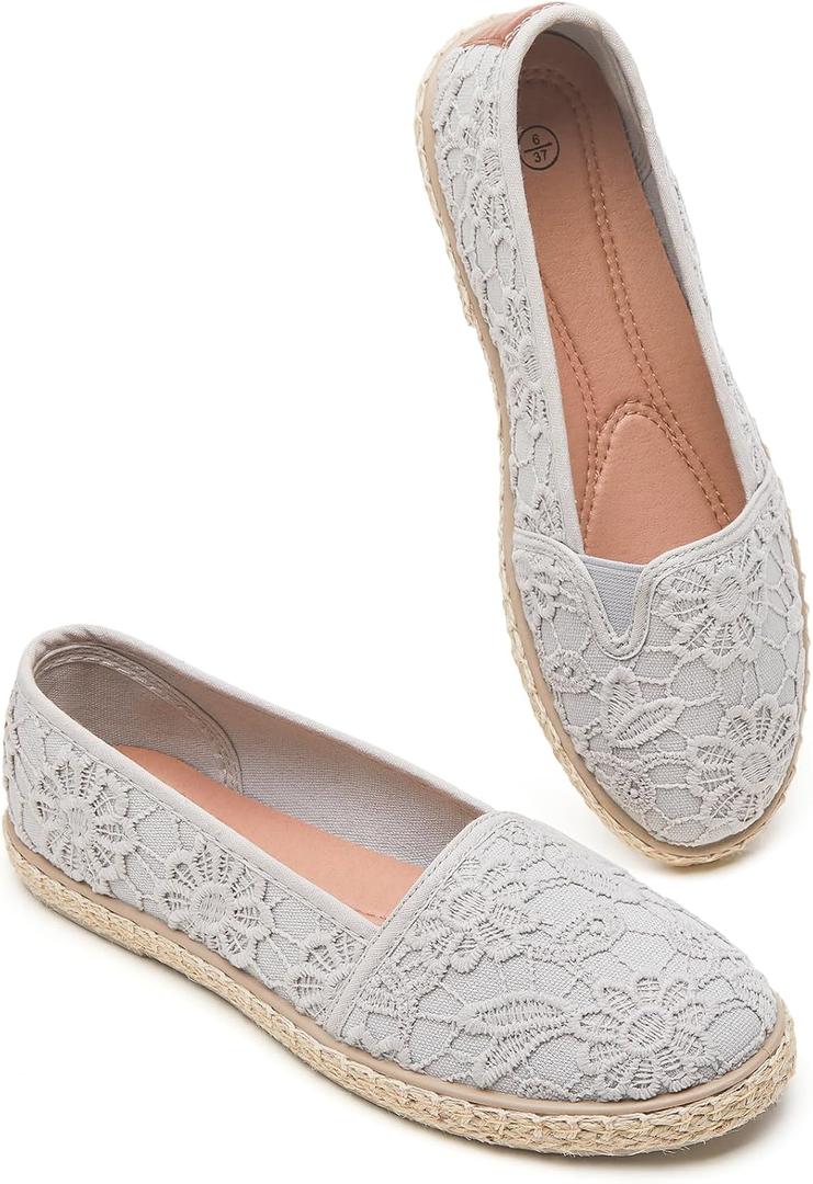BABUDOG Women's Flats with Flower Embroideried,White Lace Ballet Flats,Comfortable Dress Flats (10, Light Grey)