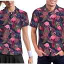 Funny Matching Couple Golf Shirts Short Sleeve Polo Shirts Moisture Wicking Unisex Hawaiian Outfits for Men Women (Large, Flamingo)