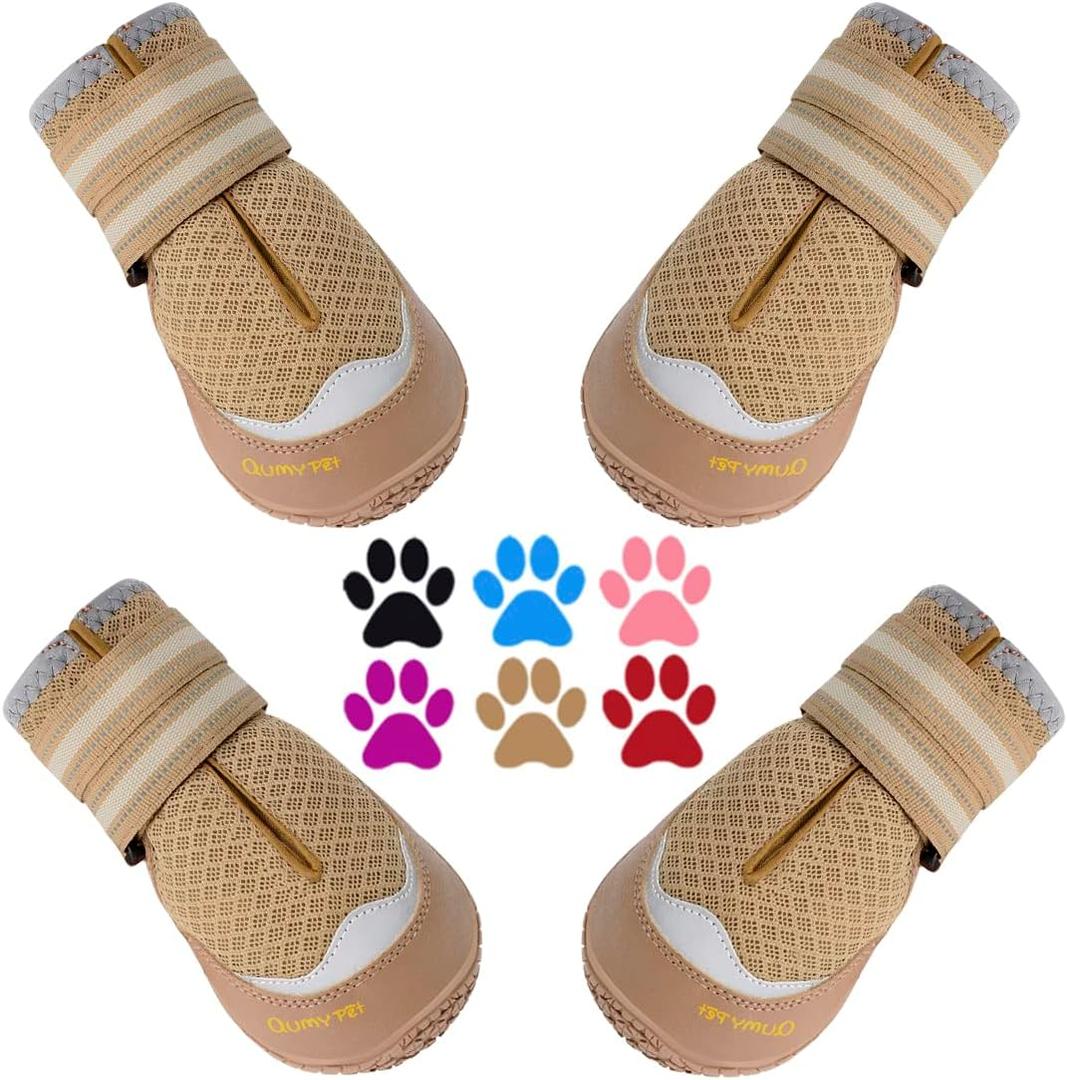 QUMY 4PCS Dog Boots for Large Dogs, Medium Dog Shoes & Paw Protectors for Hot Pavement, Summer Heat Protection, Mesh Breathable Nonslip Dog Booties for Hardfloors, Walking Running Hiking Khaki Size 8