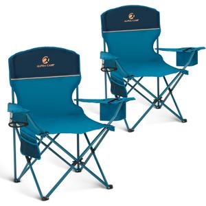 ALPHA CAMP Camping Chair Pack of 2 Portable Chair with 3-Can Cooler Folding Chair with Side Pocket and Cup Holder, Collapsible for Camping, Tailgates, Beach, Fishing and Sports, Blue 