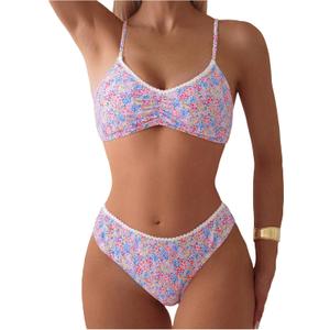 RoseSeek Women's 2 Piece Floral Bikini Sets V Neck Bras and Mid Rise Panties Swimwear Beach Wear (Pink, L)
