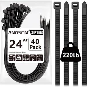 Large Zip Ties Heavy Duty Outdoor 24 inch (40 Pack), Heavy Duty Zip Ties 220 lbs, Black, by ANOSON