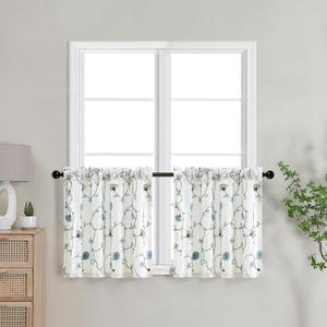 VOGOL Kitchen Half Curtains, 24 Inch Length Elegant Blue Floral Embroidered Tier Curtains, Farmhouse Modern Short Small Window Curtains & Drapes, Rod Pocket, 2 Pieces, 30 x 24