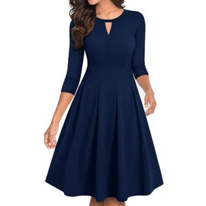 YATHON Women's Vintage Floral Flared A-Line Swing Casual Party Dresses with Pockets (Blue, L)